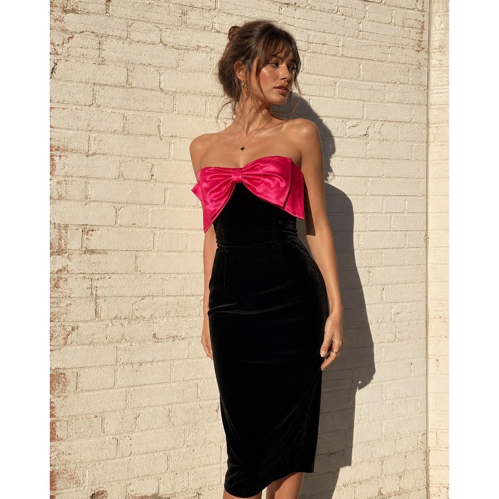Vintage Roberta 80s Prom Dress Rayon Velvet Pink Bow Strapless USA 5/6